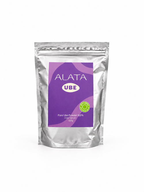 A silver stand-up pouch of ALATA UBE  with a purple label, shown on a plain white background.