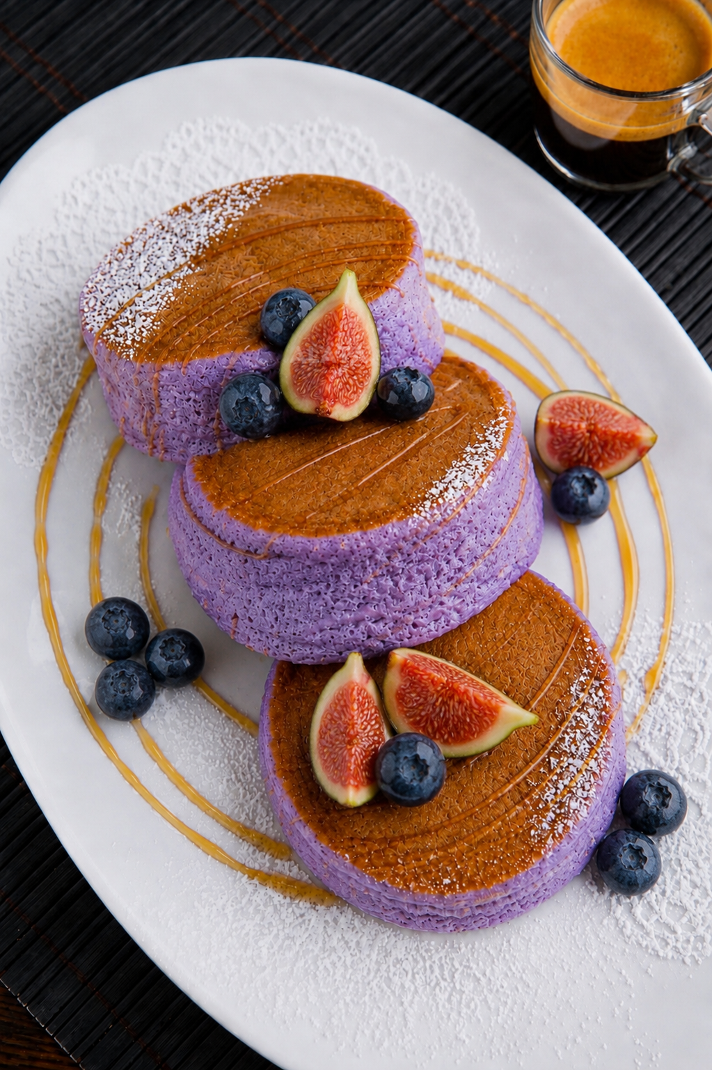 Three purple and brown layered japanese pancakes topped with powdered sugar, sliced figs, and blueberries on a white oval plate, with a cup of espresso in the background.